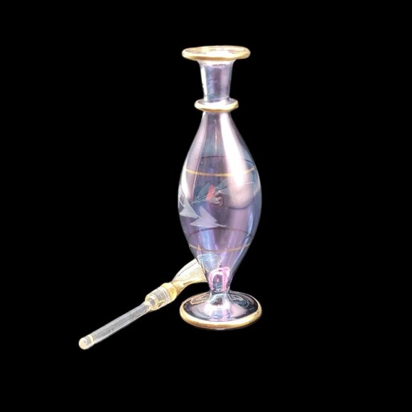 Egyptian Hand Blown Glass Perfume Bottle Blue Purple Iridescent Etched Floowers - Picture 5 of 5